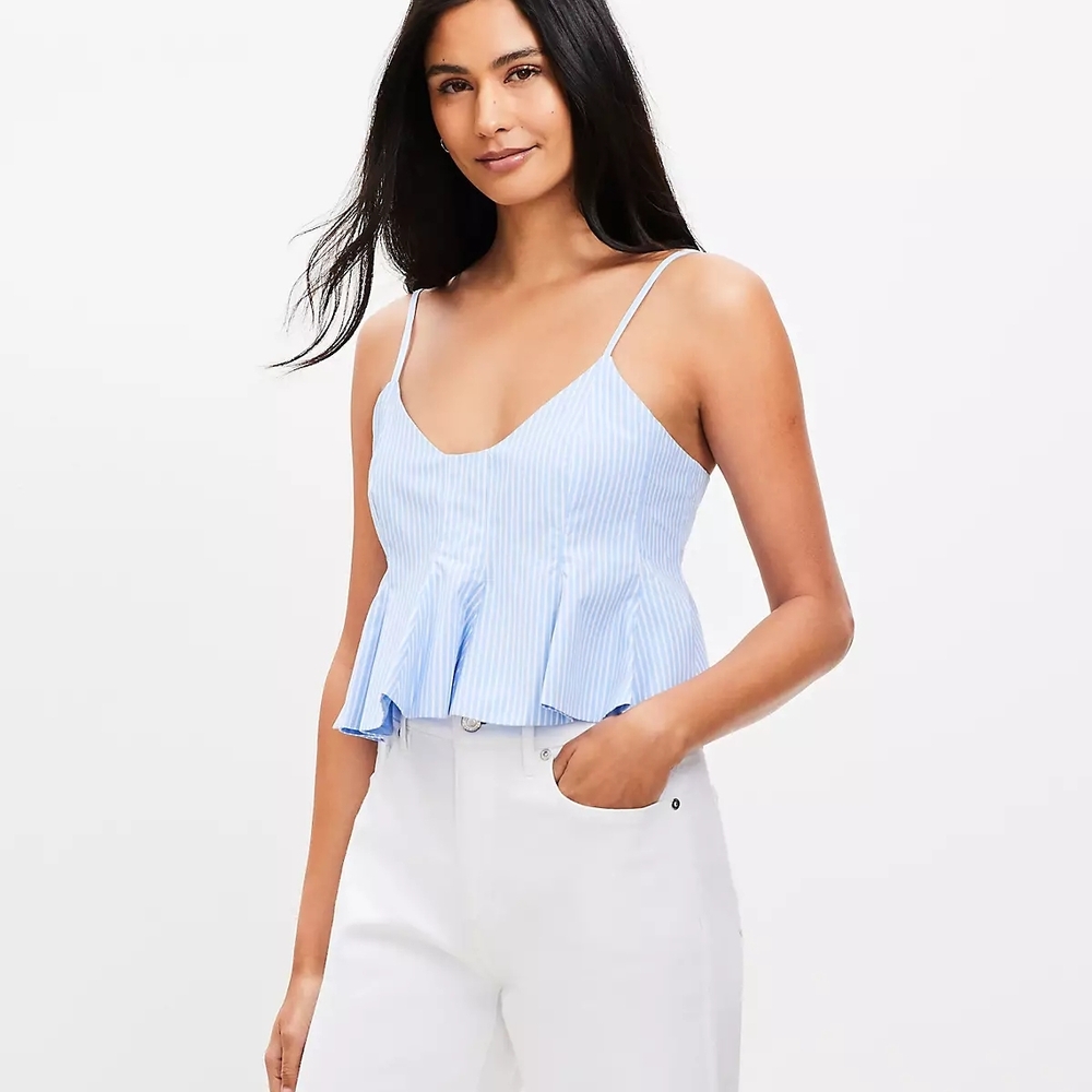 LOFT Light Blue Striped Ruffle Hem Camisole